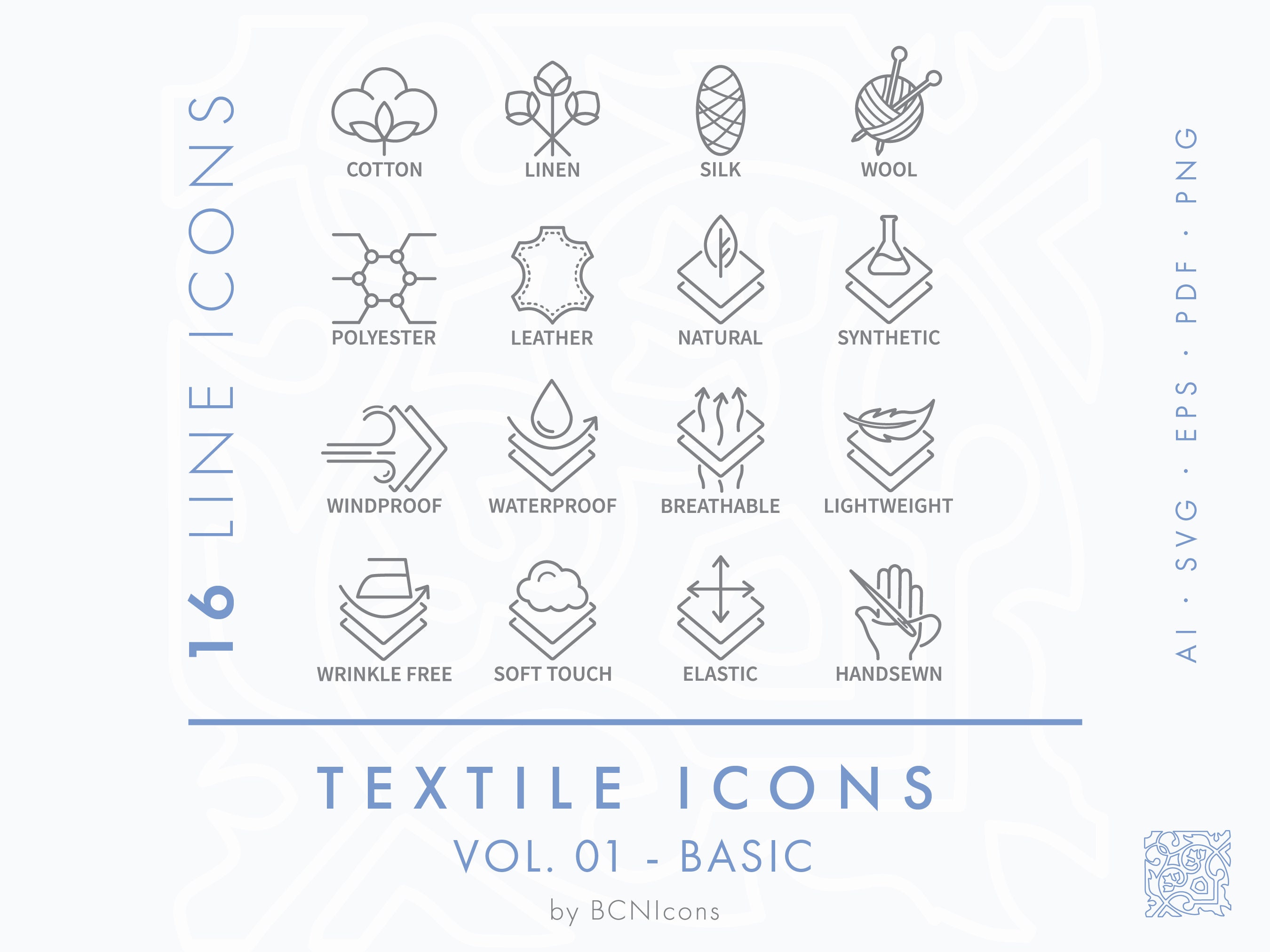 Textile Symbole Vol. 01 Basic Line Icons Pack SVG, Nähen Kleidung Material Stoff Eigenschaften Symbole, Schneider Kleidung Bekleidung Vektor-Logos
