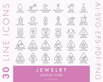 Jewelry Care Symbols Line Icons Pack svg, Minimalist Jewellery Instructions Clipart, Bijouterie Accessories Product Symbol Vector Icons