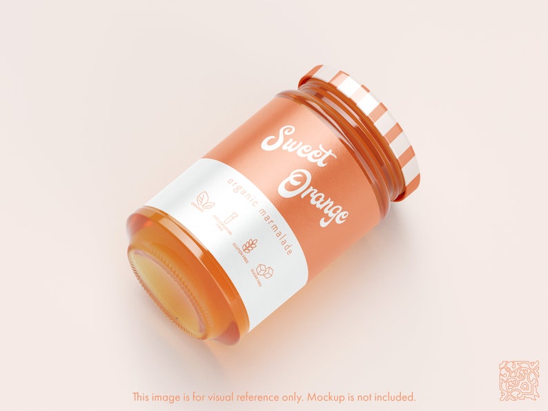May include: A jar of sweet orange marmalade with a white label and a striped lid. The label reads "Sweet Orange" and "organic marmalade". The jar is filled with a golden-orange preserve.