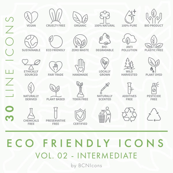 Eco Friendly Line Icons Vol. 02 INTERMEDIATE PACK svg, Minimalist Green Icons Packaging Clip Art png, Natural Cosmetics Symbols Vector Icons