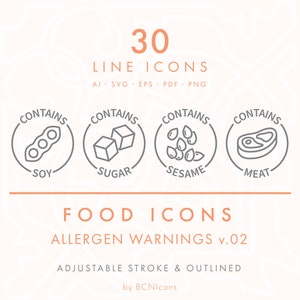 CONTAINS FOOD ALLERGENS Symbols Circle Line Icons Pack v.02 Svg, Minimal Food Allergy Warnings Clip Art Png, Nutrition Safety Badge Icon Set