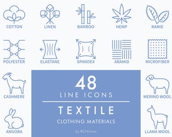 CLOTHING MATERIALS Line Icons Pack SVG, Apparel Fabric Composition Properties Icon Bundle png, Clothes Fabric Fiber Types Vectors Symbols