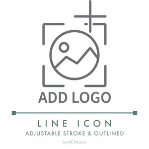 May include: A gray line icon on a white background. The icon features a circle with a mountain and sun graphic, framed by a square with a plus sign at the top. Text below reads "ADD LOGO" and "LINE ICON ADJUSTABLE STROKE & OUTLINED".
