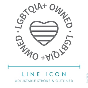 LGBTQIA+ Owned Business Heart Badge Line Icon svg, Minimalist LGBTQ Gender Symbol Product Packaging Clipart, LGBT Made Product Symbol Vector