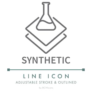 May include: A gray line icon featuring a flask with liquid inside, set above two overlapping gray squares. The word "SYNTHETIC" is below the icon, with "LINE ICON" and other text beneath it.