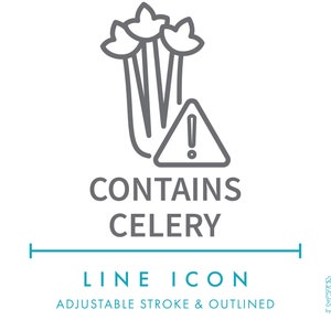 Contient l'icône de ligne de nutrition de céleri SVG, clipart minimaliste d'avertissement d'allergène alimentaire PNG, icône de vecteur de symbole alimentaire d'ingrédient d'allergie de boisson