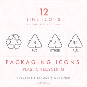 PLASTIC RECYCLING Linie Icons Pack svg, Minimalist Verpackung Icon Bundle png, Vektor Recycling Symbol Vektor-Icons, Kosmetik Symbole JPEG
