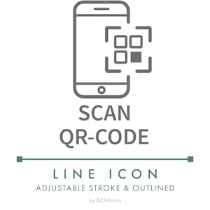 May include: A grey line icon featuring a smartphone outline with a QR code symbol positioned to the right. Below the icon, the text reads SCAN QR-CODE, followed by a horizontal line, the text LINE ICON, ADJUSTABLE STROKE & OUTLINED, and by BCNIcons.
