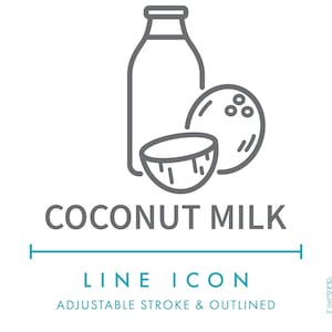 Icono de línea de leche de coco SVG, símbolo de alérgenos alimentarios de leche vegana no láctea, vector de ingredientes para alergias nutricionales de leches vegetales de frutos secos