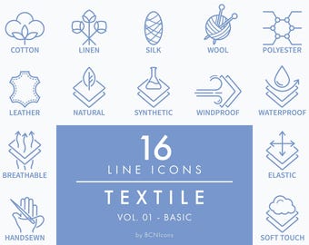 BASIC PACK: Textile Symbols Vol. 01 Line Icons SVG, Sewing Clothing Material Fabric Properties Symbols, Tailor Clothes Apparel Vector Logos