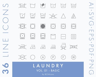 Laundry Care Symbols Line Icons Pack SVG, Minimalist Textile Care Icon Bundle PNG, Clothing Washing Instructions Vector Icons Bundle