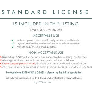 May include: A standard licence document for BCNIcons featuring text outlining acceptable use for personal and commercial physical products, and non-acceptable use regarding digital distribution, re-selling, and print-on-demand services.