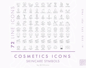 Skincare Product Line Icons Pack SVG, Minimalist Cosmetics Symbols Bundle PNG, Ingredients Vector Icons, Beauty Product Packaging Icons