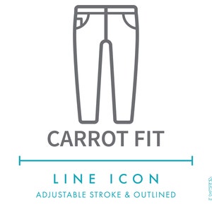 Carota Fit Denim Abbigliamento Linea Icona SVG, Jogger Fit Pantaloni Abbigliamento Simbolo PNG, Pantaloni larghi con taglio affusolato, Vestiti Fit Fashion Vector Symbol