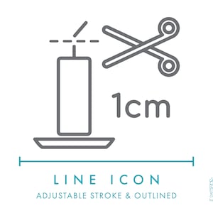 Kaarsenlont bijsnijden tot 1 cm kaarsveiligheidslijnpictogram SVG, lont bijsnijden voordat de kaars wordt aangestoken waarschuwing clipart, kaars onderhoud symbool vectorlogo