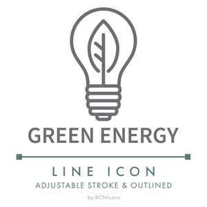 May include: A gray line icon of a lightbulb containing a leaf shape. Below the icon, the text reads GREEN ENERGY, LINE ICON, ADJUSTABLE STROKE & OUTLINED, and by BCNIcons. The design features a clean, minimalist aesthetic with clear typography.