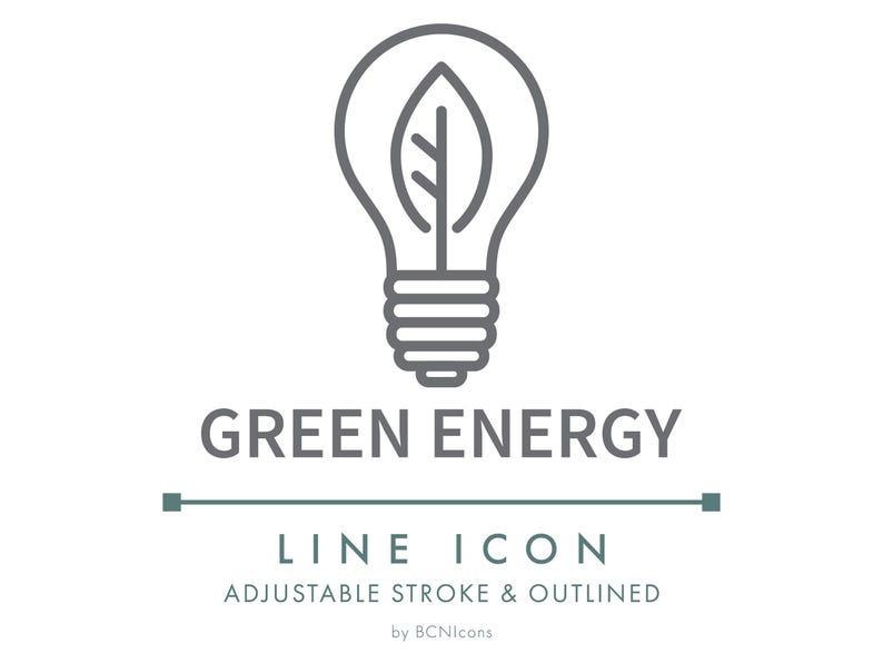 May include: A gray line icon of a lightbulb containing a leaf shape. Below the icon, the text reads GREEN ENERGY, LINE ICON, ADJUSTABLE STROKE & OUTLINED, and by BCNIcons. The design features a clean, minimalist aesthetic with clear typography.