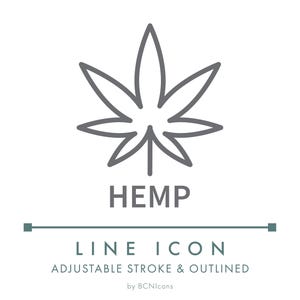 May include: A gray outline of a cannabis leaf above the word "HEMP" in a sans-serif font. Below, the text "LINE ICON" and "ADJUSTABLE STROKE & OUTLINED" are displayed, with the designer's name at the bottom. The design is on a white background.