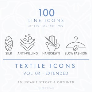 PAQUETE EXTENDIDO: Símbolos Textiles Vol. 04 Íconos de Línea SVG, Paquete de Íconos de Propiedades de Materiales de Costura, Logotipos Vectoriales de Tipos de Indumentaria