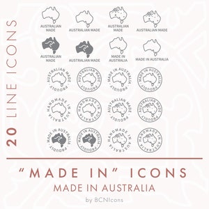 Paquete de iconos de línea de insignias "Hecho en Australia" SVG, paquete de iconos minimalistas "Hecho en Australia" PNG, iconos vectoriales de símbolo de empaquetado de productos hechos a mano