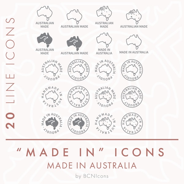 Made In Australia Badge Line Icons Pack SVG, Australian Made Minimalist Icon Bundle PNG, Handmade Product Packaging Symbol Vector Icons