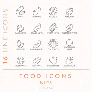 Paquete de iconos de línea de símbolos de nueces SVG, tipo minimalista de ingredientes alimentarios de nueces Clipart PNG, conjunto de iconos vectoriales de símbolos de seguridad alimentaria de empaquetado