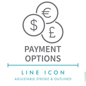 Betalingsopties E-commerce lijnpictogram SVG, pictogram minimalistische valutasymbolen, dollar Euro Kassa Online winkel Kassa website Vectorlogo