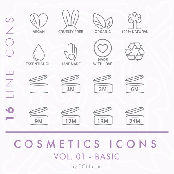 Cosmetics Packaging Symbols Vol. 01 - BASIC PACK Line Icons SVG, Minimalist Beauty Product Icon Bundle png, Skincare Ingredient Vector Icon