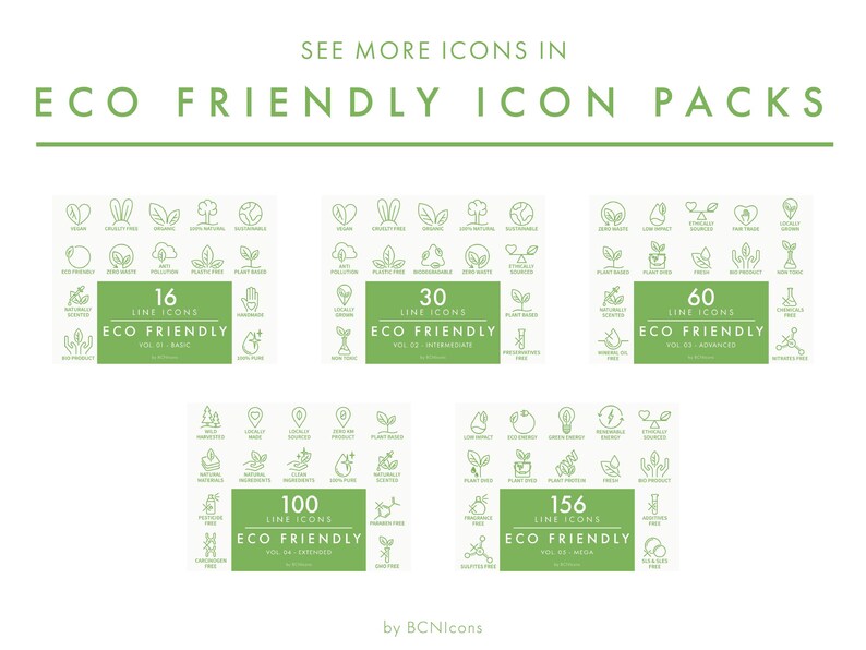 May include: A digital collection of eco-friendly line icons organized into five distinct packs labeled 16, 30, 60, 100, and 156 line icons. Each green rectangular panel features the text ECO FRIENDLY and the specific volume number in white.