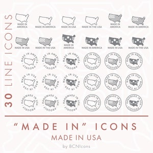 Hecho en EE.UU. / América Made Line Icons Pack SVG, Paquete de iconos de embalaje de producto minimalista PNG, Iconos vectoriales de símbolos hechos a mano americanos