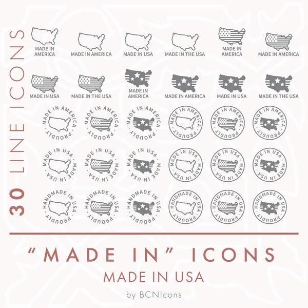Fabriqué aux États-Unis / Amérique Made Line Icons Pack SVG, Bundle d'icônes d'emballage de produit minimaliste PNG, Icônes vectorielles de symboles américains faits à la main