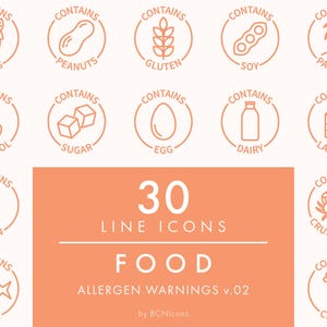 CONTAINS FOOD ALLERGENS Symbols Circle Line Icons Pack v.02 Svg, Minimal Food Allergy Warnings Clip Art Png, Nutrition Safety Badge Icon Set