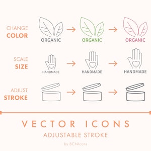 May include: An illustration demonstrating vector icons with adjustable stroke options. The image shows how to change colour, scale size, and adjust stroke. The icons include leaves, a hand with a heart, and a cosmetic jar.