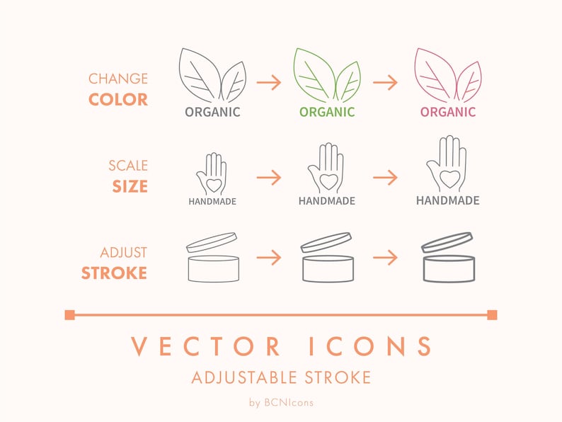 May include: An illustration demonstrating vector icons with adjustable stroke options. The image shows how to change colour, scale size, and adjust stroke. The icons include leaves, a hand with a heart, and a cosmetic jar.