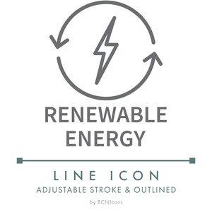 May include: A grey line icon featuring a lightning bolt inside a circular arrow, representing renewable energy. Below the graphic, the text reads RENEWABLE ENERGY, LINE ICON, ADJUSTABLE STROKE & OUTLINED, and by BCNIcons in a clean font.