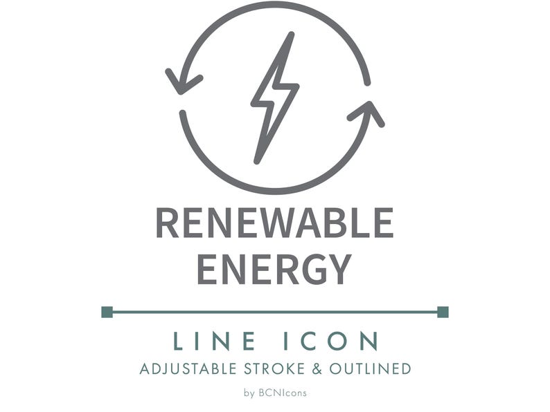 May include: A grey line icon featuring a lightning bolt inside a circular arrow, representing renewable energy. Below the graphic, the text reads RENEWABLE ENERGY, LINE ICON, ADJUSTABLE STROKE & OUTLINED, and by BCNIcons in a clean font.