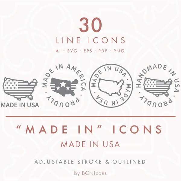 MADE IN USA / America Made Line Icons Pack svg, Bundle d'icônes d'emballage de produit minimaliste png, Icônes vectorielles de symboles faits à la main américains