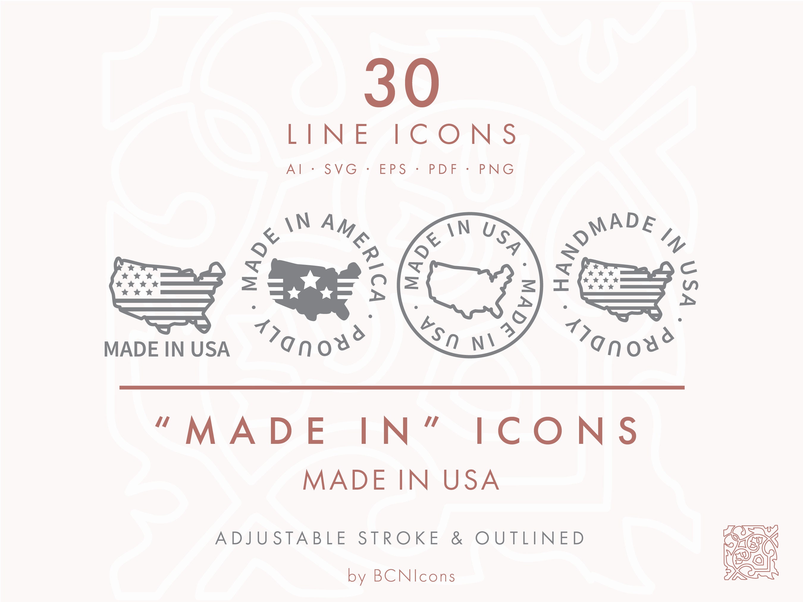 MADE IN USA / America Made Line Icons Pack svg, Minimalist Product Packaging Icon Bundle png, American Handmade Symbol Vector Icons