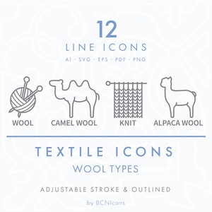 WOLLARTEN Symbole Linie Icons Pack SVG, Textil Tierfaser Zusammensetzung Icon Bundle, Wollstrickgarn Kleidung Bekleidung Fasertyp Vektoren