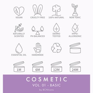 Symboles d'emballage de cosmétiques Vol. 01 - PACK BASIC Ligne d'icônes SVG, ensemble d'icônes de produit de beauté minimaliste png, icône vectorielle d'ingrédient de soin de la peau