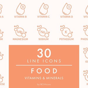 Paquete de iconos de líneas de símbolos de vitaminas y minerales SVG, imágenes prediseñadas de suplementos alimenticios minimalistas PNG, conjunto de iconos vectoriales de símbolos de ingredientes de alimentos para envases