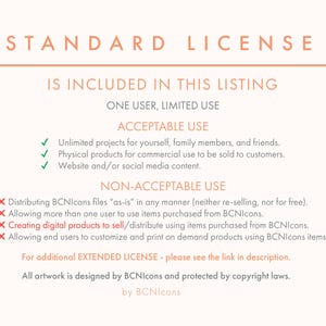 May include: A cream-coloured graphic detailing a standard license agreement. The text outlines acceptable and non-acceptable uses, including personal projects, commercial use for physical products, and website content.