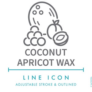Icono de línea de cera de coco y albaricoque (SVG), imagen prediseñada de empaquetado minimalista de vela de cera vegana (PNG), icono vectorial de símbolo de fabricación de velas de plantas naturales