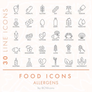 Alérgenos alimentarios símbolos línea iconos paquete SVG, ingredientes alimentarios minimalistas Clip Art PNG, embalaje símbolos de seguridad alimentaria conjunto de iconos vectoriales