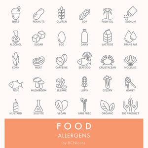 Paquete de iconos lineales de símbolos de alérgenos alimentarios SVG, imágenes prediseñadas minimalistas de ingredientes alimentarios PNG, conjunto de iconos vectoriales de símbolos de seguridad alimentaria para envases