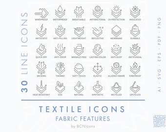 Stoff kennzeichnet Symbole Linie Icons Pack SVG, minimalistisches Textilmaterial Eigenschaften Icon Bundle PNG, Kleidung Bekleidung Typ Vektor-Logos