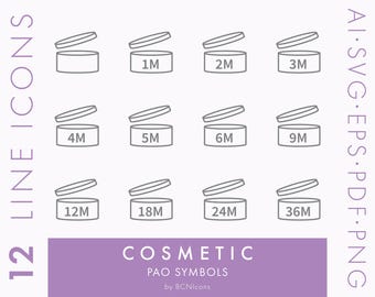 PAO Symbol Line Icons Pack SVG, Minimalist Packaging Icon Bundle PNG, Vector Product Expiration Date Symbol Vector Icons, Cosmetic Symbol