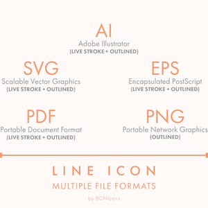 May include: An image displaying various file formats for line icons, such as AI, SVG, EPS, PDF, and PNG, with accompanying descriptions. The text is in coral against a cream backdrop. The words "LINE ICON MULTIPLE FILE FORMATS" are visible.