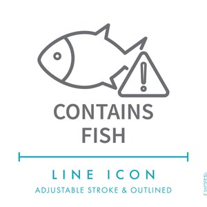 Contient l'icône de ligne de nutrition de poisson SVG, clipart minimaliste d'avertissement d'allergène alimentaire PNG, ingrédients de boisson de fruits de mer, icône de vecteur de symbole de nourriture