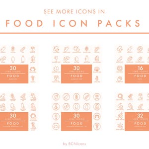 May include: A graphic showcasing food icon packs, each with a peach-coloured rectangle displaying the number of icons and the word "FOOD". The packs feature icons representing diverse dietary requirements and food categories, ideal for design.